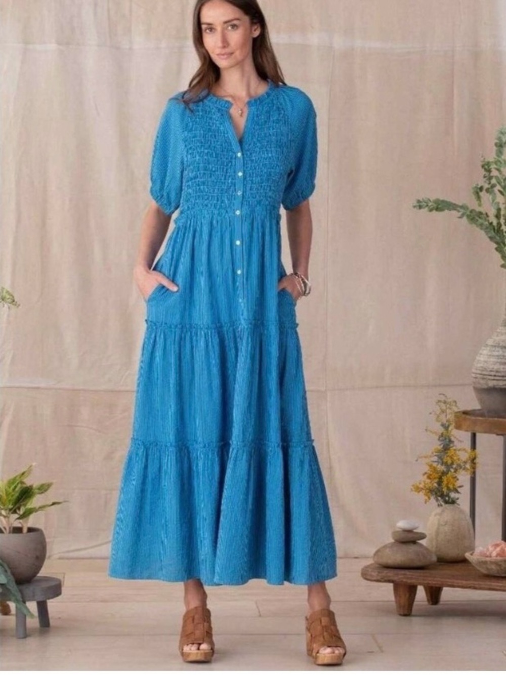 Sundance Topsail Tiered Blue Striped Maxi Dress